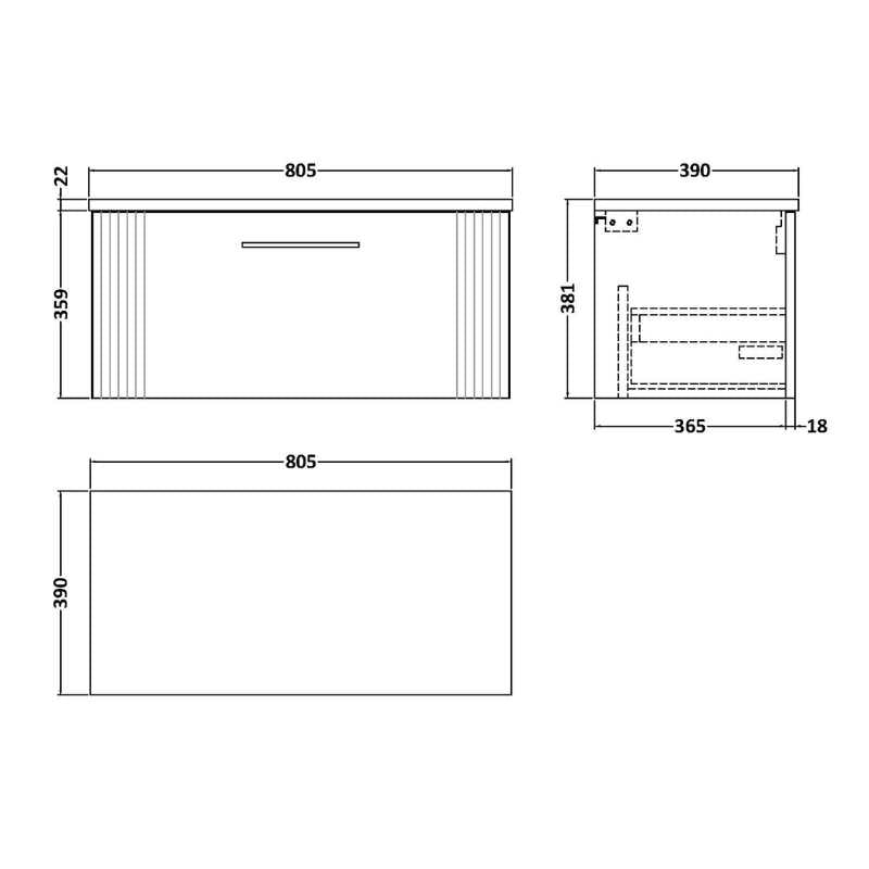 Nuie Deco Wall Hung Single Drawer Vanity & Laminate Worktop (1 size, 5 colours) - Brand New Bathrooms
