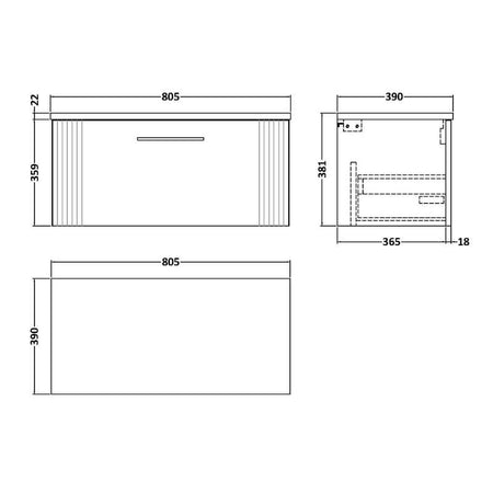 Nuie Deco Wall Hung Single Drawer Vanity & Laminate Worktop (1 size, 5 colours) - Brand New Bathrooms