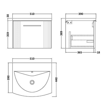 Nuie Deco Wall Hung Single Drawer Vanity & Curved Basin (1 size, 5 colours) - Brand New Bathrooms