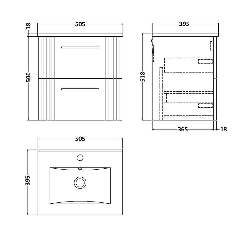 Nuie Deco Wall Hung 2-Drawer Vanity & Minimalist Basin (1 size, 5 colours) - Brand New Bathrooms
