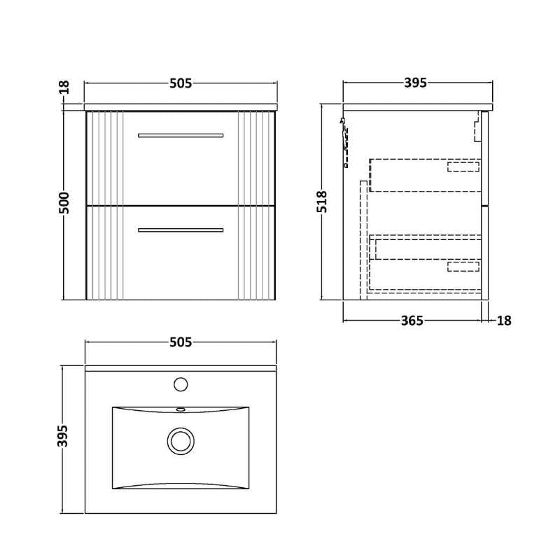 Nuie Deco Wall Hung 2-Drawer Vanity & Minimalist Basin (1 size, 5 colours) - Brand New Bathrooms