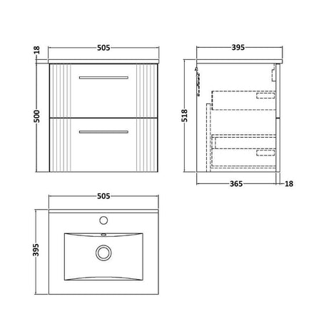Nuie Deco Wall Hung 2-Drawer Vanity & Minimalist Basin (1 size, 5 colours) - Brand New Bathrooms