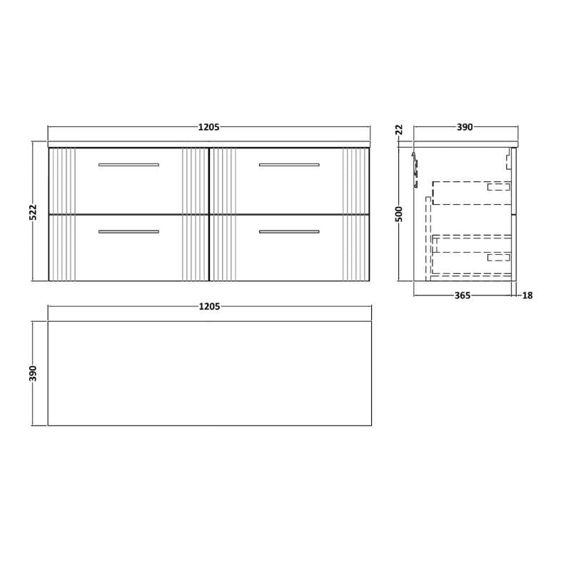 Nuie Deco Wall Hung 4-Drawer Vanity & Laminate Worktop (1 size, 5 colours) - Brand New Bathrooms