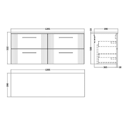 Nuie Deco Wall Hung 4-Drawer Vanity & Laminate Worktop (1 size, 5 colours) - Brand New Bathrooms