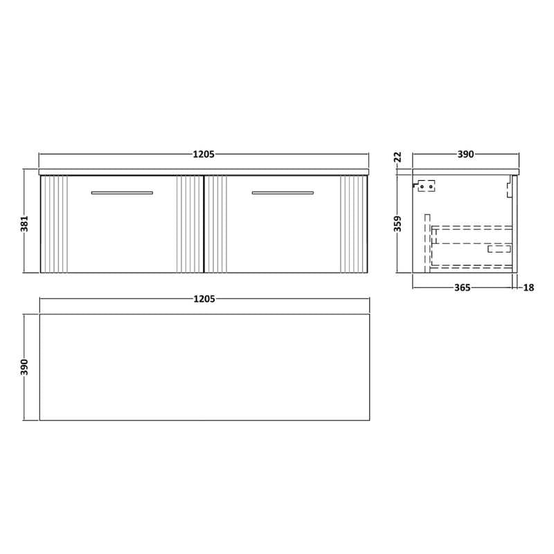 Nuie Deco Wall Hung 2-Drawer Vanity & Laminate Worktop (1 size, 5 colours) - Brand New Bathrooms