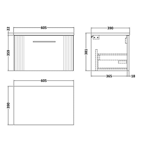 Nuie Deco Wall Hung Single Drawer Vanity & Laminate Top (1 size, 5 colours) - Brand New Bathrooms