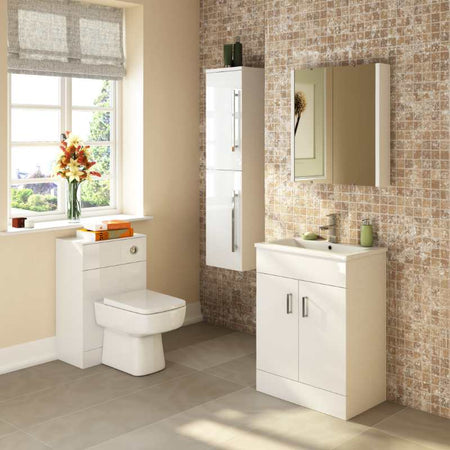 Nuie Eden Floor Standing 2 Door Vanity Unit with Mid-Edge Basin (2 sizes, Gloss White) - Brand New Bathrooms