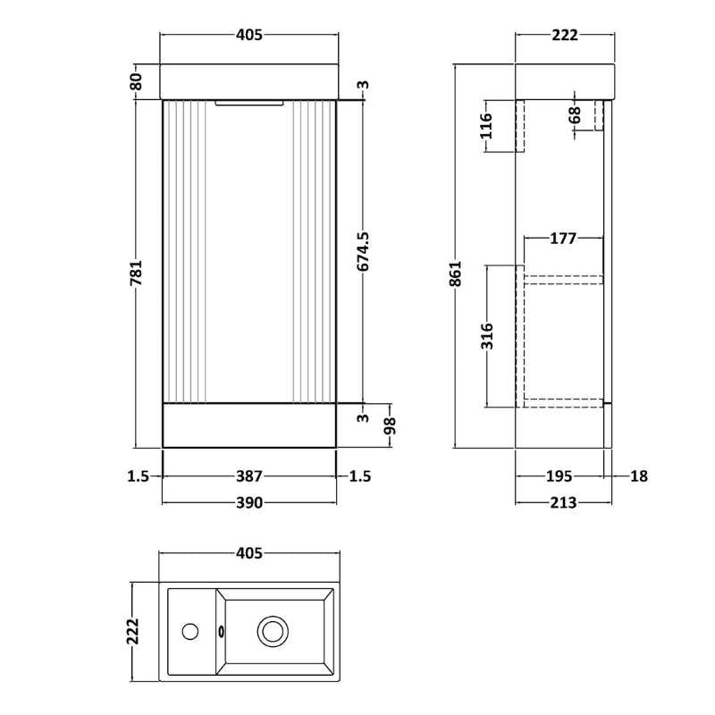 Nuie Deco Compact Floor Standing 1 Door Vanity Basin Unit & Ceramic Basin (1 size, 5 colours) - Brand New Bathrooms