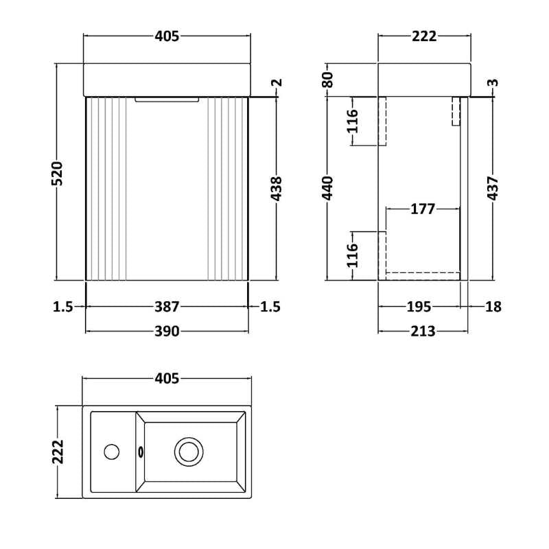 Nuie Deco Compact Wall Hung 1 Door Vanity Basin Unit & Ceramic Basin (1 size, 5 colours) - Brand New Bathrooms
