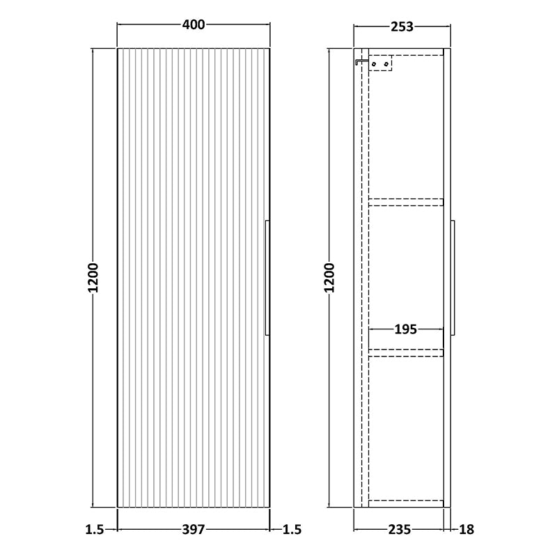 Hudson Reed Fluted Wall Mounted Single Door 1200mm Tall Boy Cabinet (1 size,5 colours) - Brand New Bathrooms