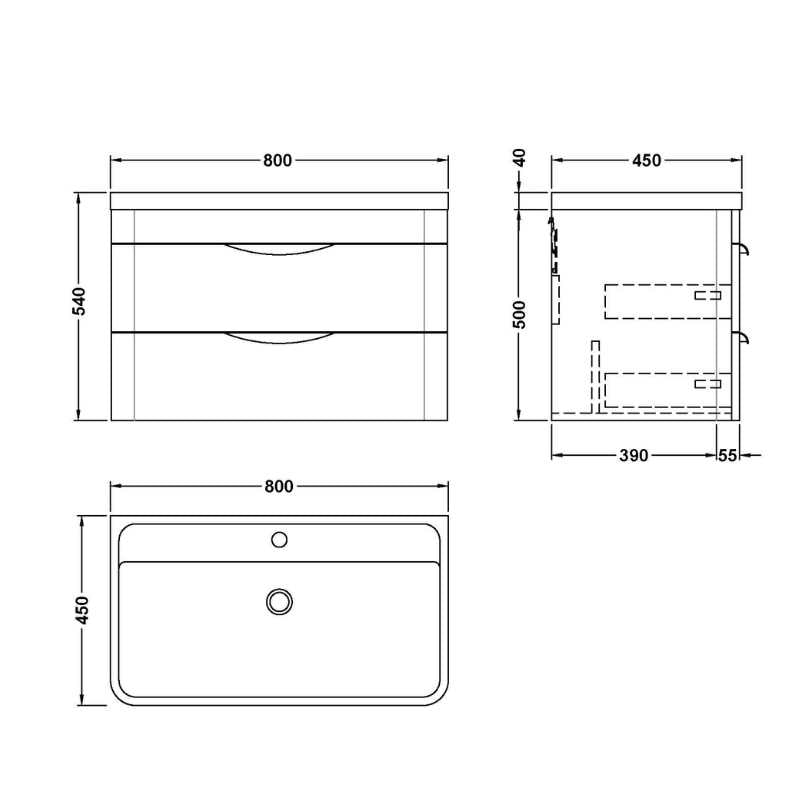 Nuie Parade Wall Hung 2 Drawer Vanity Basin Unit & Ceramic Basin (1 size, 2 colours) - Brand New Bathrooms