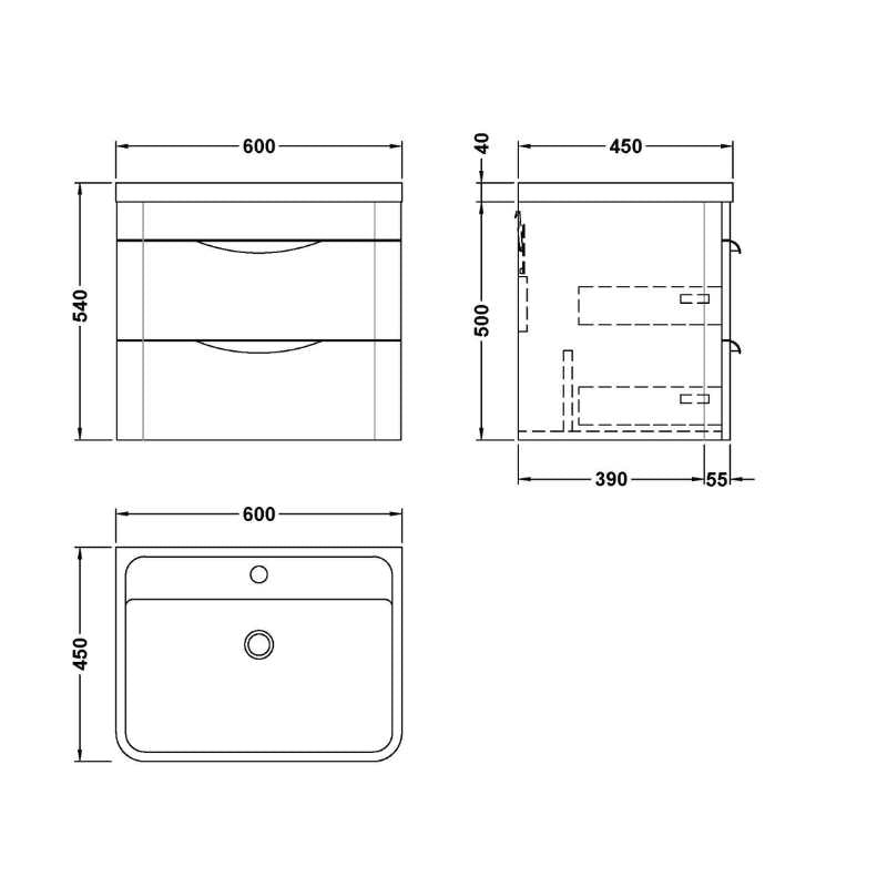 Nuie Parade Wall Hung 2 Drawer Vanity Basin Unit & Ceramic Basin (1 size, 2 colours) - Brand New Bathrooms