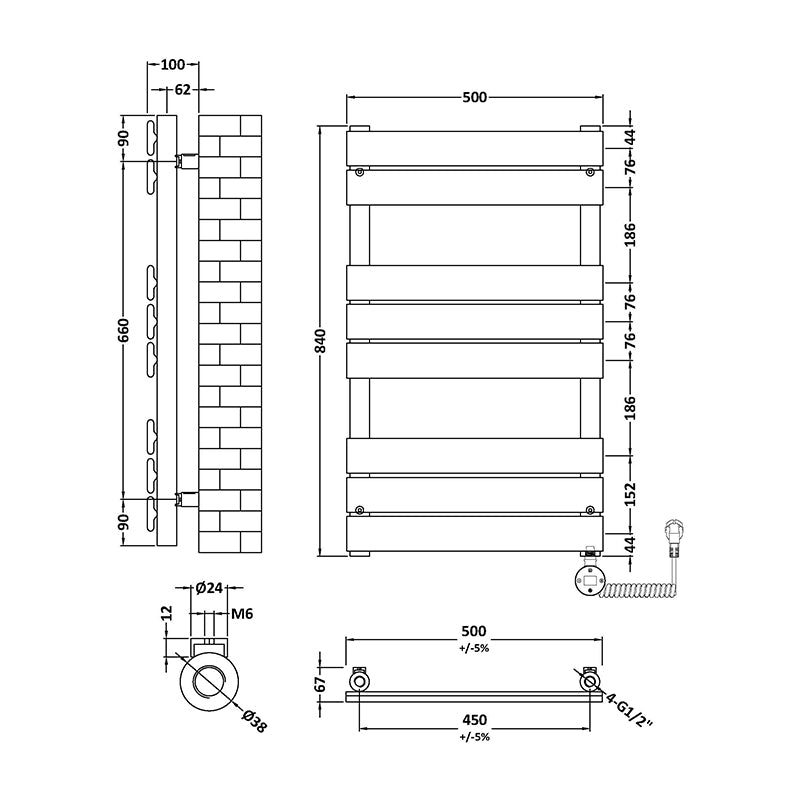 Nuie Electric Square Flat Towel Rail (2 sizes, Anthracite) - Brand New Bathrooms