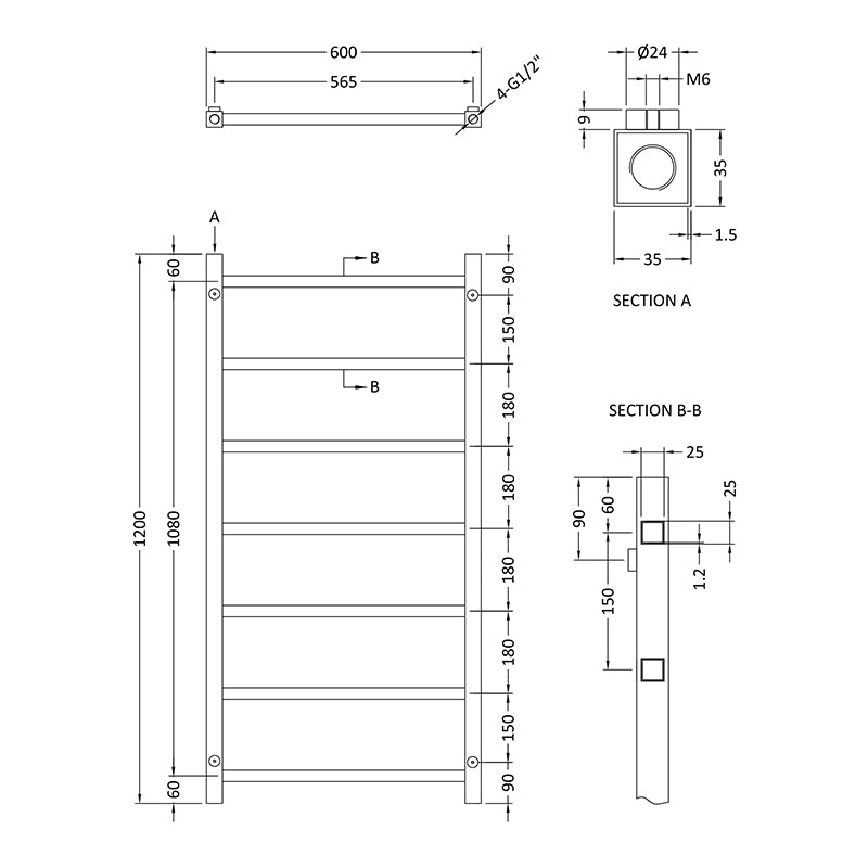Nuie Eton Heated Towel Rail (2 sizes, Chrome) - Brand New Bathrooms