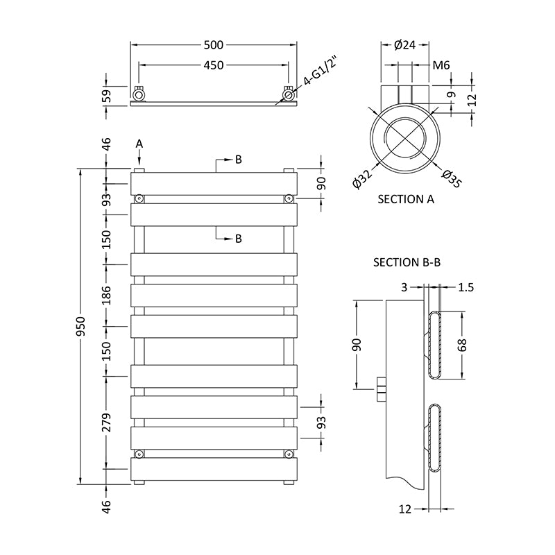 Nuie Piazza Heated Towel Rail (2 sizes, Chrome) - Brand New Bathrooms
