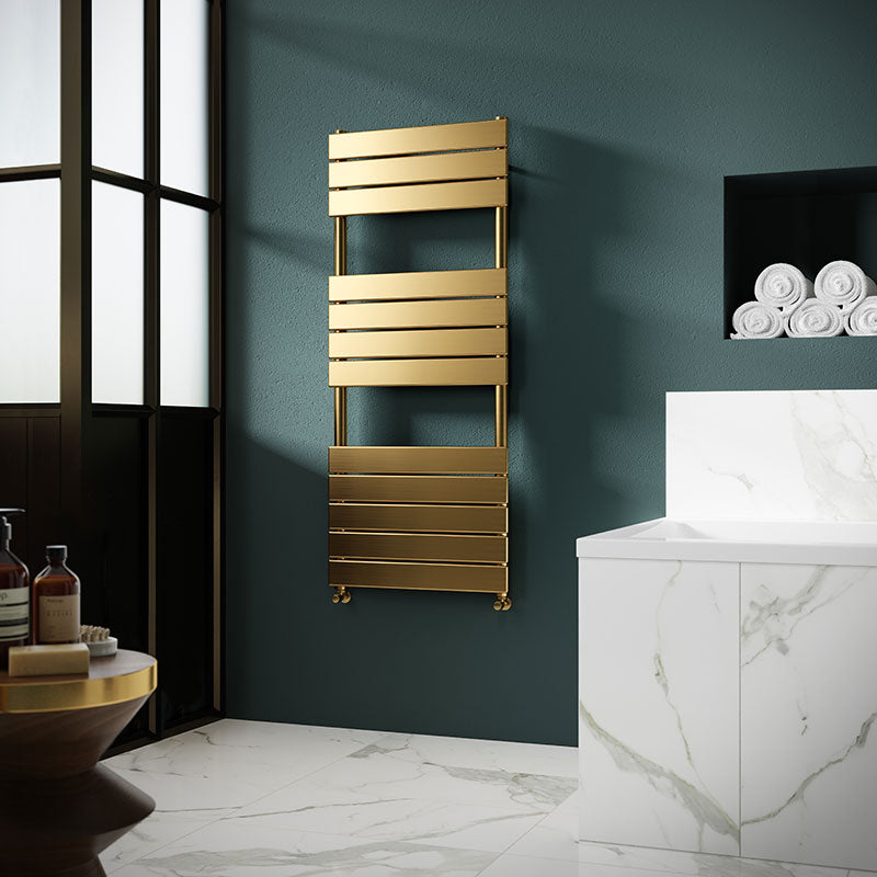 Nuie Piazza Square Flat Towel Radiator (2 sizes, Brushed Brass) - Brand New Bathrooms