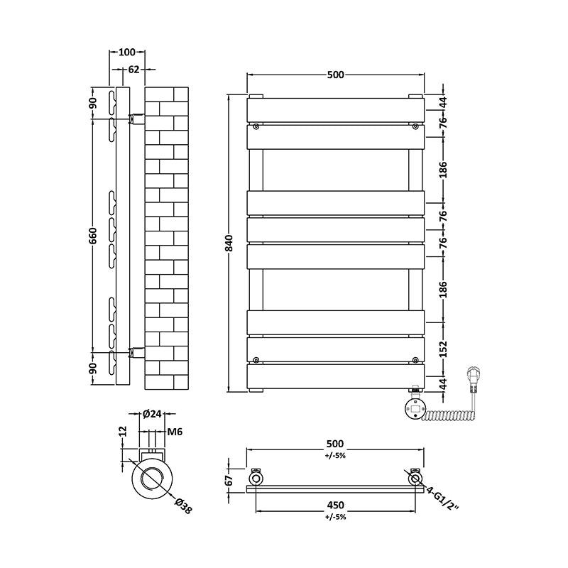 Nuie Electric Square Flat Towel Radiator (2 sizes, Brushed Brass) - Brand New Bathrooms