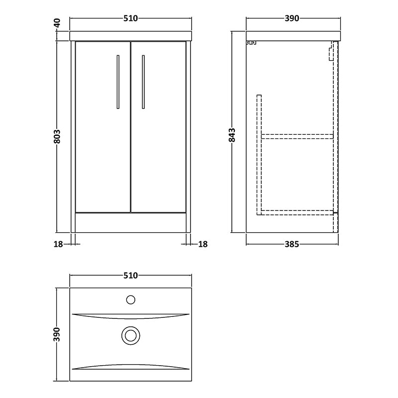 Hudson Reed Juno Floor Standing Double Door 500mm Vanity & Mid-Edge Polymarble 1 Tap Hole Basin (1 size, 3 colours) - Brand New Bathrooms