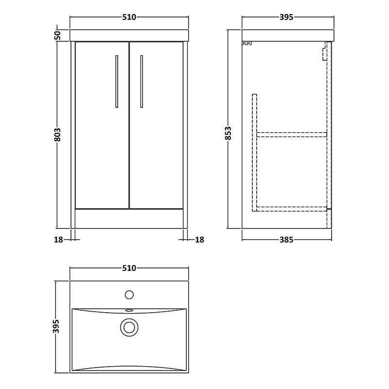 Hudson Reed Juno Floor Standing Double Door 500mm Vanity & Thin-Edge 1 Tap Hole Polymarble Basin (1 size, 3 colours) - Brand New Bathrooms