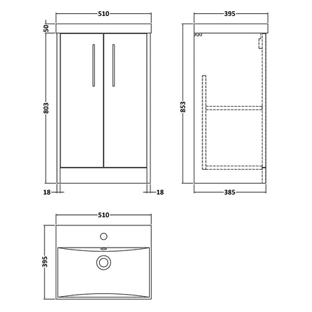 Hudson Reed Juno Floor Standing Double Door 500mm Vanity & Thin-Edge 1 Tap Hole Polymarble Basin (1 size, 3 colours) - Brand New Bathrooms