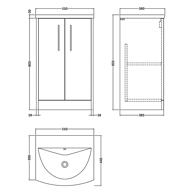 Hudson Reed Juno Floor Standing Double Door 500mm Vanity & Curved 1 Tap Hole Vitreous China Basin (1 size, 3 colours) - Brand New Bathrooms