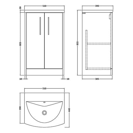 Hudson Reed Juno Floor Standing Double Door 500mm Vanity & Curved 1 Tap Hole Vitreous China Basin (1 size, 3 colours) - Brand New Bathrooms