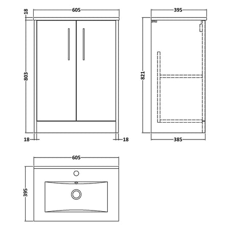 Hudson Reed Juno Floor Standing Double Door 600mm Vanity & Minimalist 1 Tap Hole Vitreous China Basin (1 size, 3 colours) - Brand New Bathrooms
