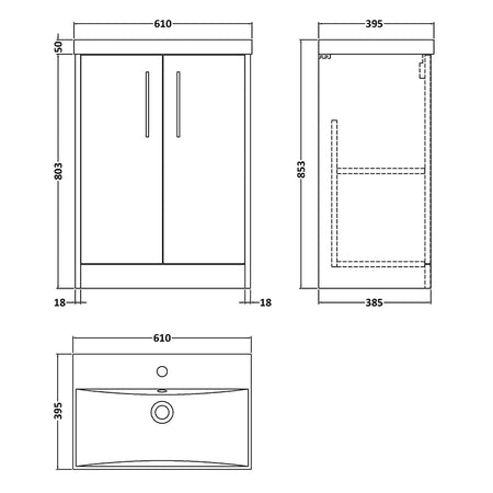 Hudson Reed Juno Floor Standing Double Door 600mm Vanity & Thin-Edge 1 Tap Hole Basin (1 size, 3 colours) - Brand New Bathrooms