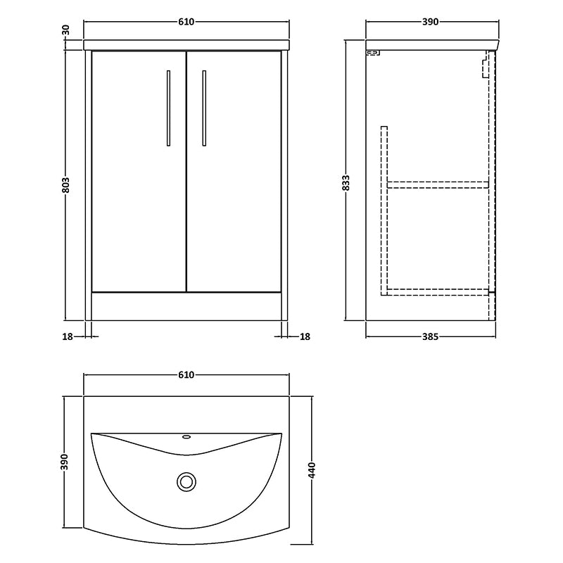 Hudson Reed Juno Floor Standing Double Door 600mm Vanity & Curved 1 Tap Hole Vitreous China Basin (1 size, 5 colours) - Brand New Bathrooms
