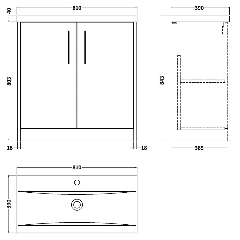 Hudson Reed Juno Floor Standing Double Door 800mm Vanity & Mid-Edge 1 Tap Hole Vitreous China Basin (1 size, 5 colours) - Brand New Bathrooms