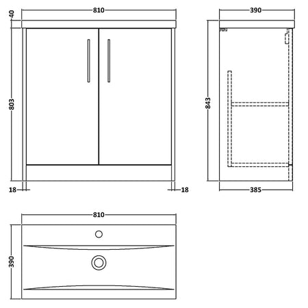 Hudson Reed Juno Floor Standing Double Door 800mm Vanity & Mid-Edge 1 Tap Hole Vitreous China Basin (1 size, 5 colours) - Brand New Bathrooms