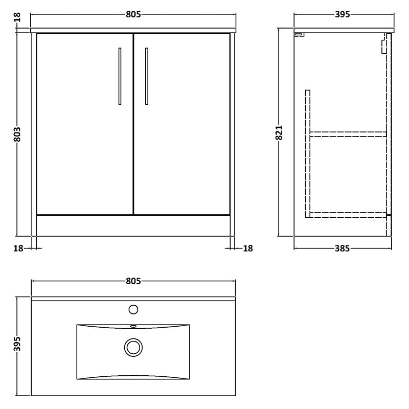 Hudson Reed Juno Floor Standing Double Door 800mm Vanity & Minimalist 1 Tap Hole Vitreous China Basin (1 size, 5 colours) - Brand New Bathrooms