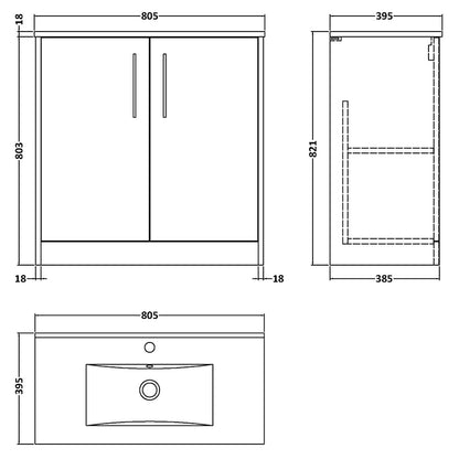 Hudson Reed Juno Floor Standing Double Door 800mm Vanity & Minimalist 1 Tap Hole Vitreous China Basin (1 size, 5 colours) - Brand New Bathrooms