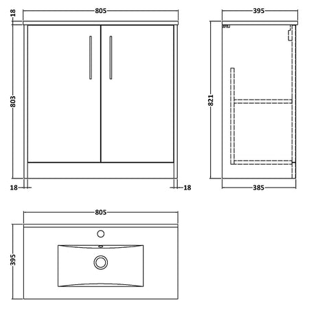 Hudson Reed Juno Floor Standing Double Door 800mm Vanity & Minimalist 1 Tap Hole Vitreous China Basin (1 size, 5 colours) - Brand New Bathrooms