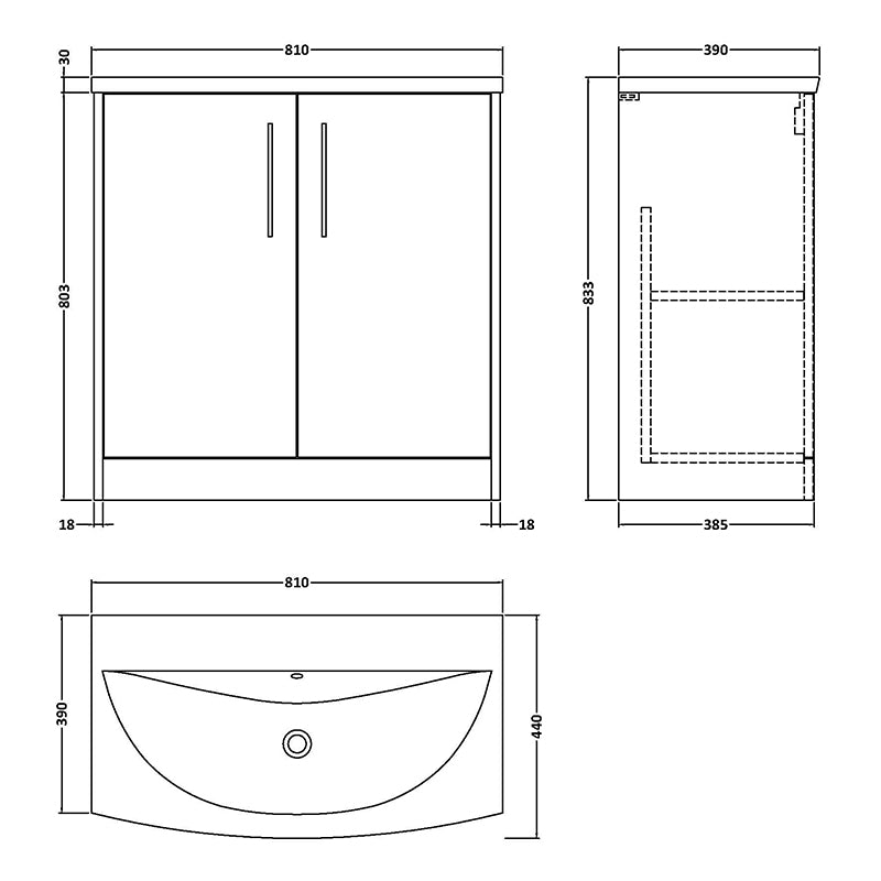 Hudson Reed Juno Floor Standing Double Door 800mm Vanity & Curved 1 Tap Hole Vitreous China Basin (1 size, 5 colours) - Brand New Bathrooms