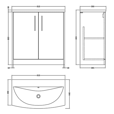 Hudson Reed Juno Floor Standing Double Door 800mm Vanity & Curved 1 Tap Hole Vitreous China Basin (1 size, 5 colours) - Brand New Bathrooms