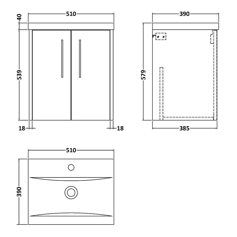 Hudson Reed Juno Wall Hung Double Door 500mm Vanity & Mid-Edge 1 Tap Hole Vitreous China Basin (1 size, 5 colours) - Brand New Bathrooms