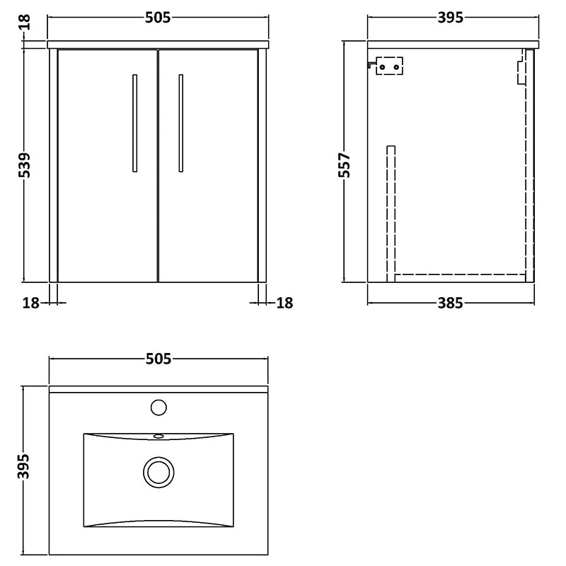 Hudson Reed Juno Wall Hung Double Door 500mm Vanity & Minimalist 1 Tap Hole Vitreous China Basin (1 size, 5 colours) - Brand New Bathrooms