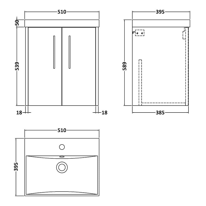 Hudson Reed Juno Wall Hung Double Door 500mm Vanity & Thin-Edge 1 Tap Hole Vitreous China Basin (1 size, 5 colours) - Brand New Bathrooms