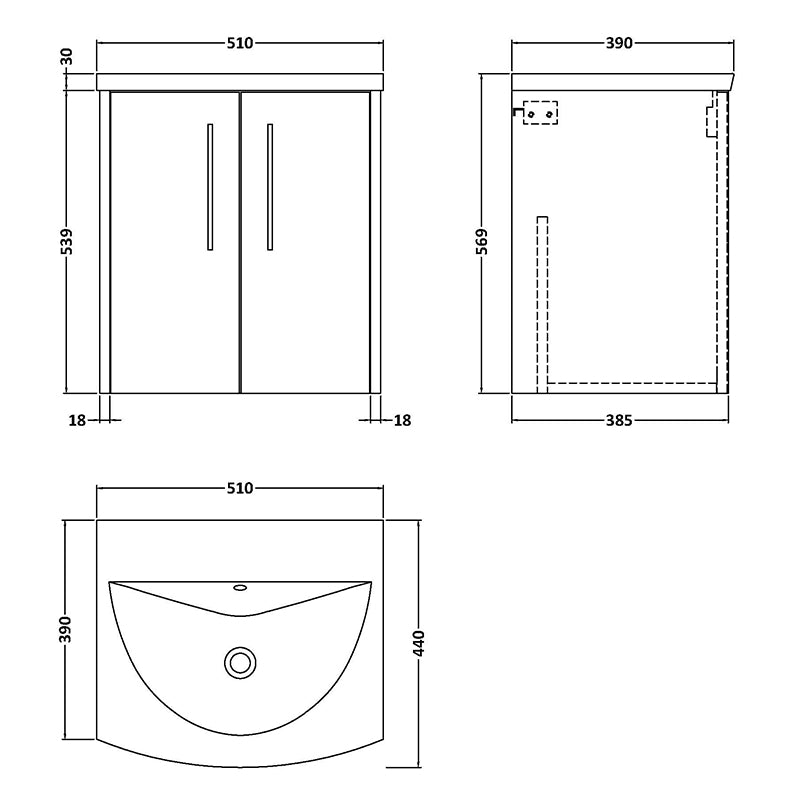 Hudson Reed Juno Wall Hung Double Door 500mm Vanity & Curved 1 Tap Hole Vitreous China Basin (1 size, 5 colours) - Brand New Bathrooms