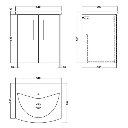 Hudson Reed Juno Wall Hung Double Door 500mm Vanity & Curved 1 Tap Hole Vitreous China Basin (1 size, 5 colours) - Brand New Bathrooms