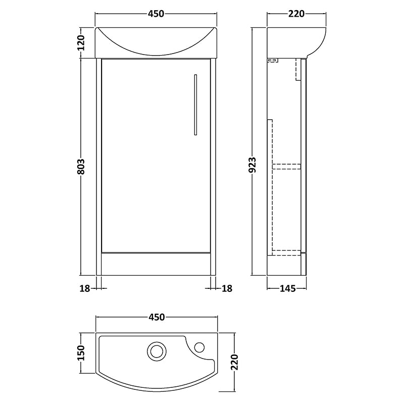Hudson Reed Juno Compact Floor Standing Single Door 440mm Unit and 1 Tap Hole Ceramic Left Hand Basin (1 size, 5 colours) - Brand New Bathrooms