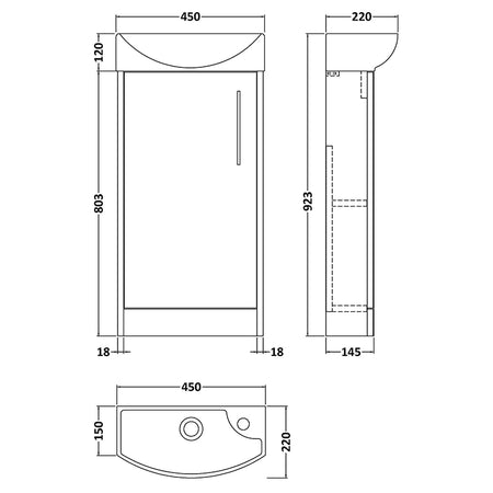 Hudson Reed Juno Compact Floor Standing Single Door 440mm Unit and 1 Tap Hole Ceramic Left Hand Basin (1 size, 5 colours) - Brand New Bathrooms