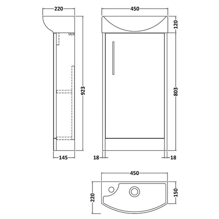 Hudson Reed Juno Compact Floor Standing Single Door 440mm Unit & 1 Tap Hole Ceramic Right Hand Basin (1 size, 5 colours) - Brand New Bathrooms