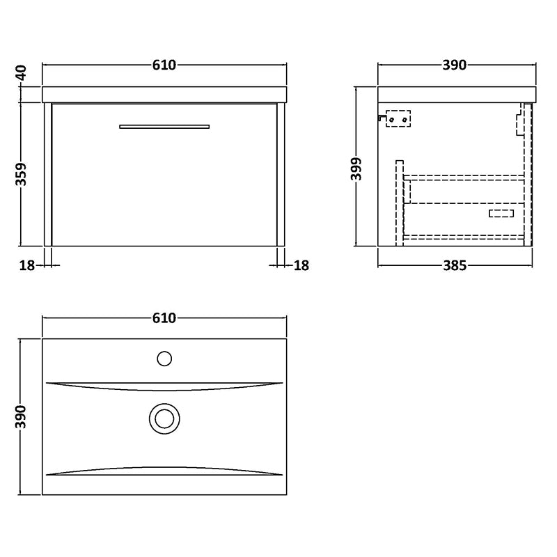 Hudson Reed Juno Wall Hung Single Drawer 600mm Vanity & Mid-Edge 1 Tap Hole Vitreous China Basin (1 size, 5 colours) - Brand New Bathrooms