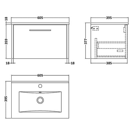 Hudson Reed Juno Wall Hung Single Drawer 600mm Vanity & Minimalist 1 Tap Hole Vitreous China Basin (1 size, 5 colours) - Brand New Bathrooms