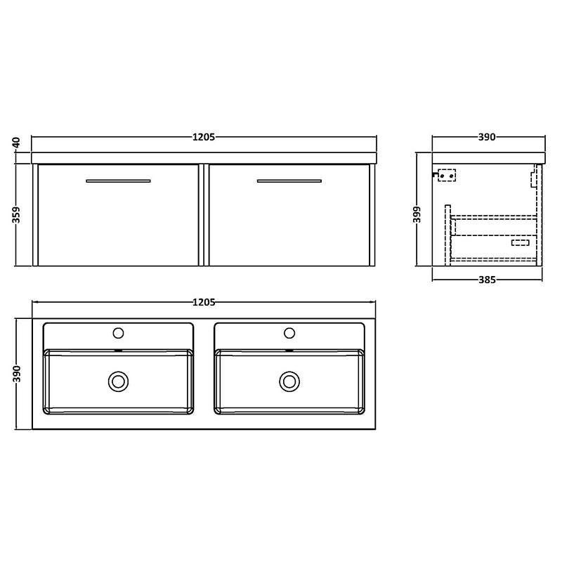 Hudson Reed Juno Wall Hung Double Drawer 1200mm Vanity & Double Polymarble Basin (1 size, 5 colours) - Brand New Bathrooms