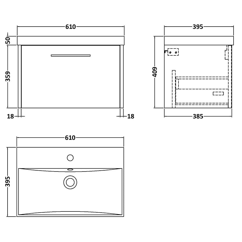 Hudson Reed Juno Wall Hung Single Drawer 600mm Vanity & Thin-Edge 1 Tap Hole Vitreous China Basin (1 size, 5 colours) - Brand New Bathrooms