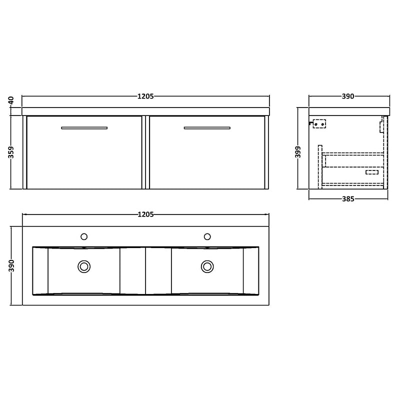 Hudson Reed Juno Wall Hung Double Drawer 1200mm Vanity & Double Vitreous China Basin (1 size, 5 colours) - Brand New Bathrooms