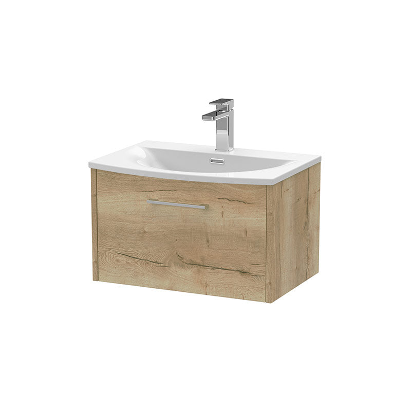 Hudson Reed Juno Wall Hung Single Drawer 600mm Vanity & Curved 1 Tap Hole Vitreous China Basin (1 size, 5 colours) - Brand New Bathrooms
